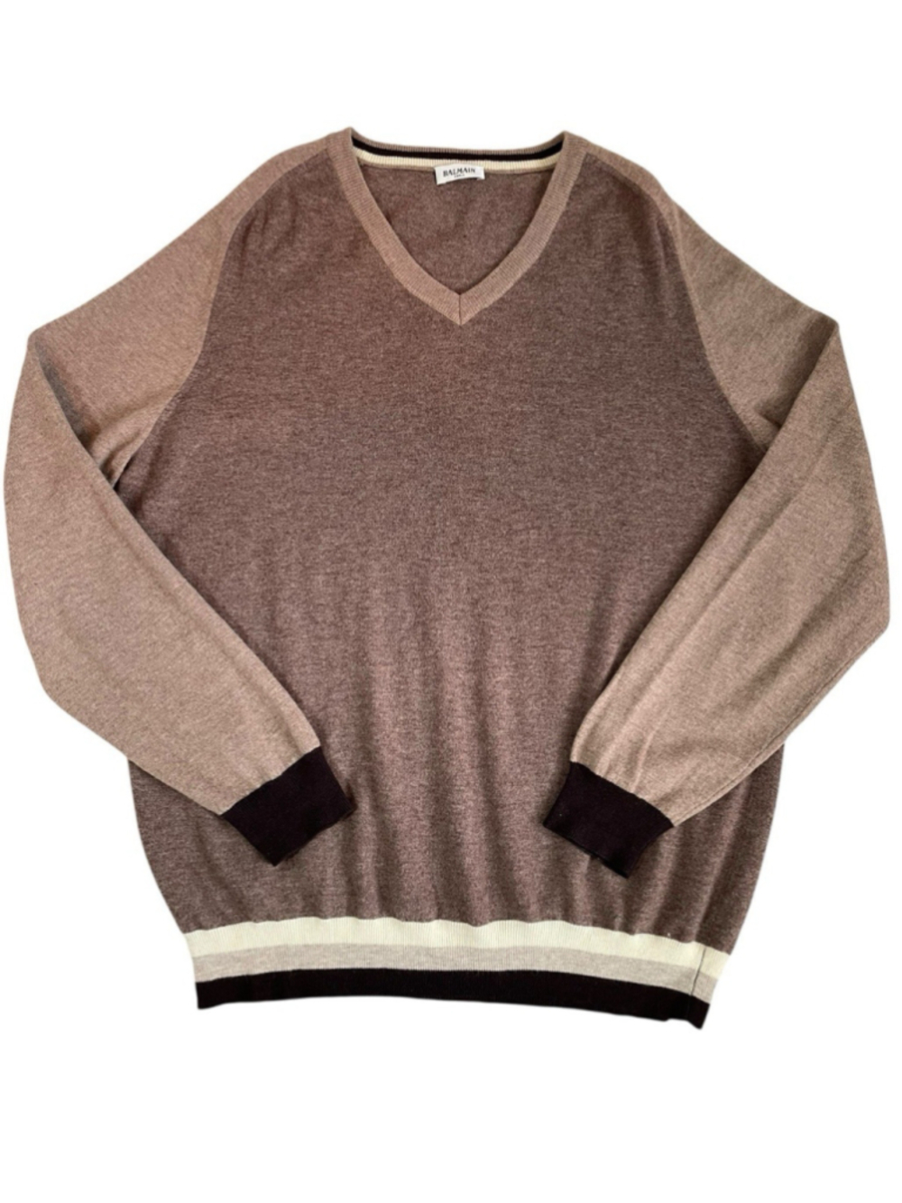 Balmain Paris Sweater Mens 2XL Fits XL V-neck Merino Wool Ribbed Hems
